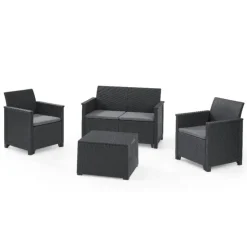 Keter Set 2 Poltrone + Divano + Tavolino contenitore EMMA LOUNGE Grafite- Sedie E Poltrone Da Giardino|Sedie E Poltrone Da Giardino
