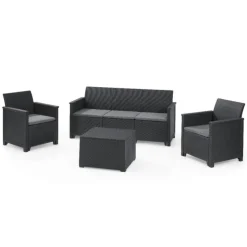 Keter Set 2 Poltrone + Divano 3 posti + Tavolino contenitore EMMA LOUNGE Grafite- Sedie E Poltrone Da Giardino|Sedie E Poltrone Da Giardino