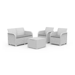 Keter Set 2 Poltrone + Divano + Tavolino contenitore ROSALIE LOUNGE Bianco- Sedie E Poltrone Da Giardino|Sedie E Poltrone Da Giardino
