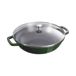 Staub Wok con Coperchio in Vetro 30 cm Verde Basilico in Ghisa- Wok E Tajine